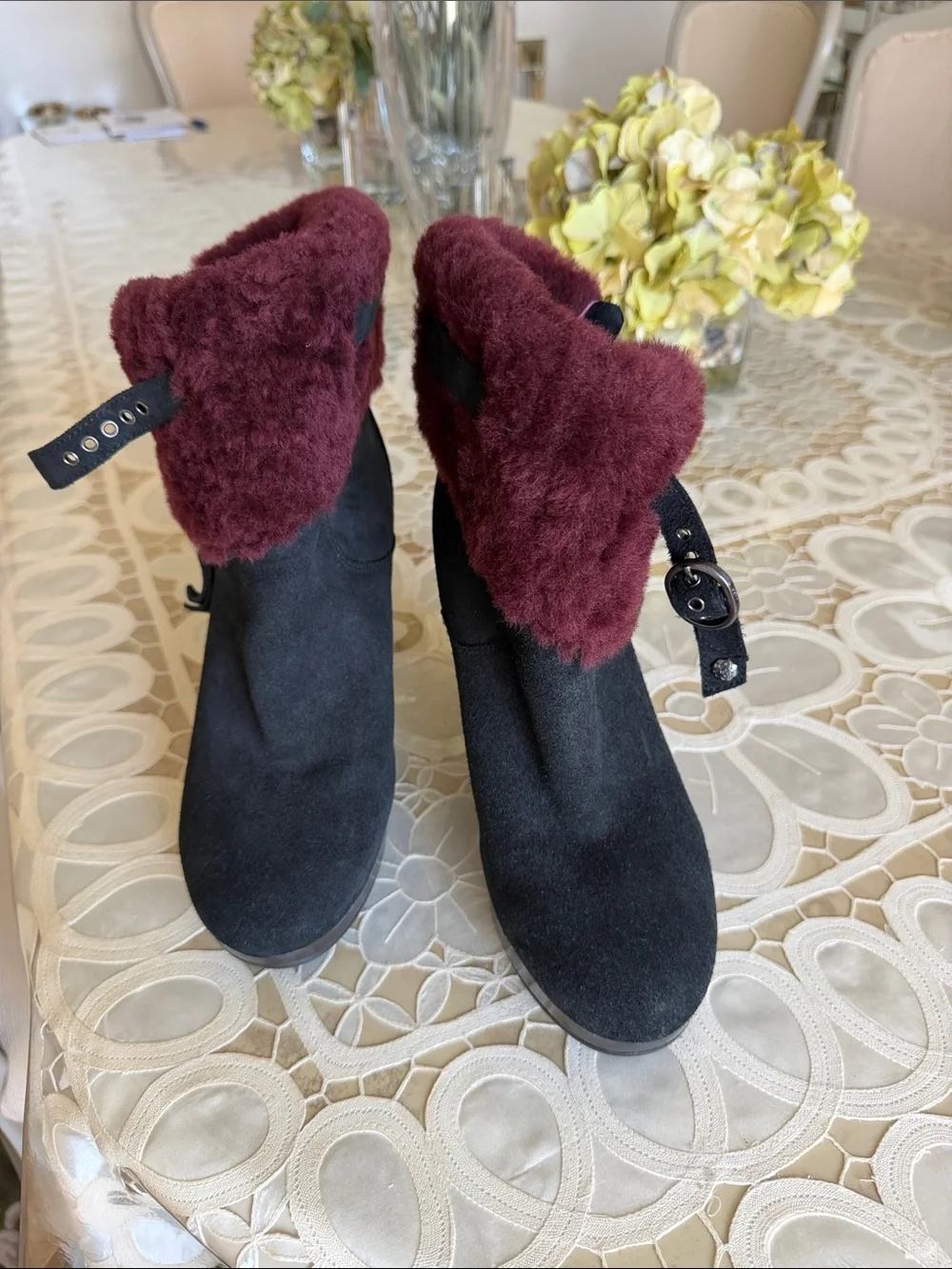 UGG Black Ankle Boots with Wine Faux Fur Cuff